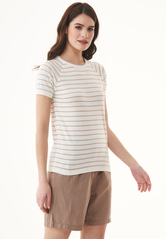 Dames Fine-Knit Gestreept T-shirt Gebroken wit / Beige