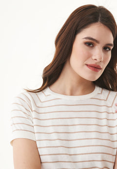 Dames Fine-Knit Gestreept T-shirt Gebroken wit / Beige
