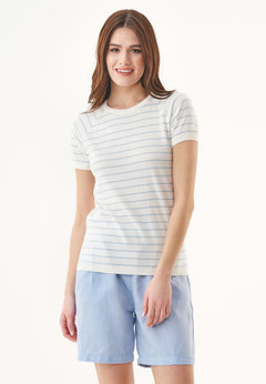 Dames Fine-Knit Gestreept T-shirt Gebroken wit / Mid Blue