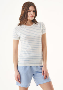 Dames Fine-Knit Gestreept T-shirt Gebroken wit / Mid Blue