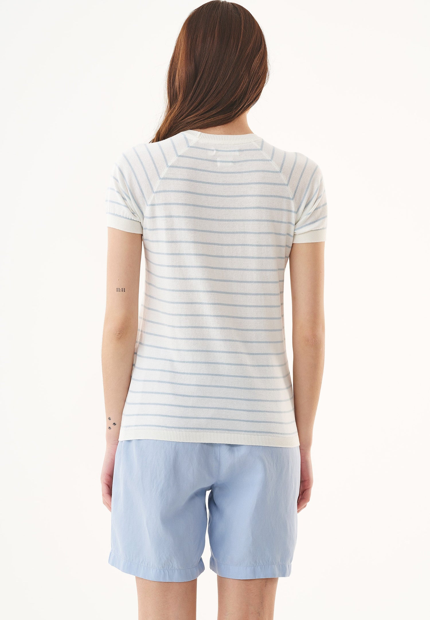 Dames Fine-Knit Gestreept T-shirt Gebroken wit / Mid Blue