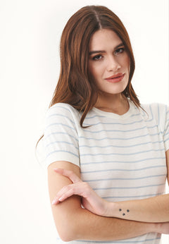 Dames Fine-Knit Gestreept T-shirt Gebroken wit / Mid Blue