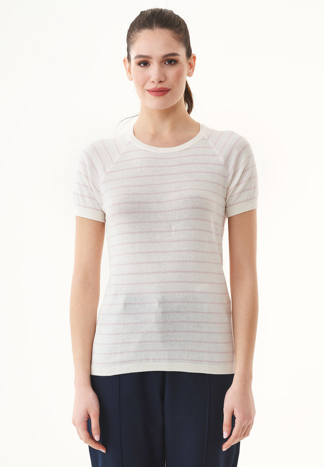 Dames Fine-Knit Gestreept T-shirt Gebroken wit / Soft Pink