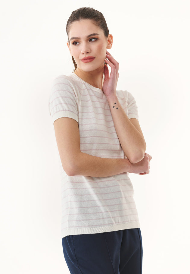 Dames Fine-Knit Gestreept T-shirt Gebroken wit / Soft Pink