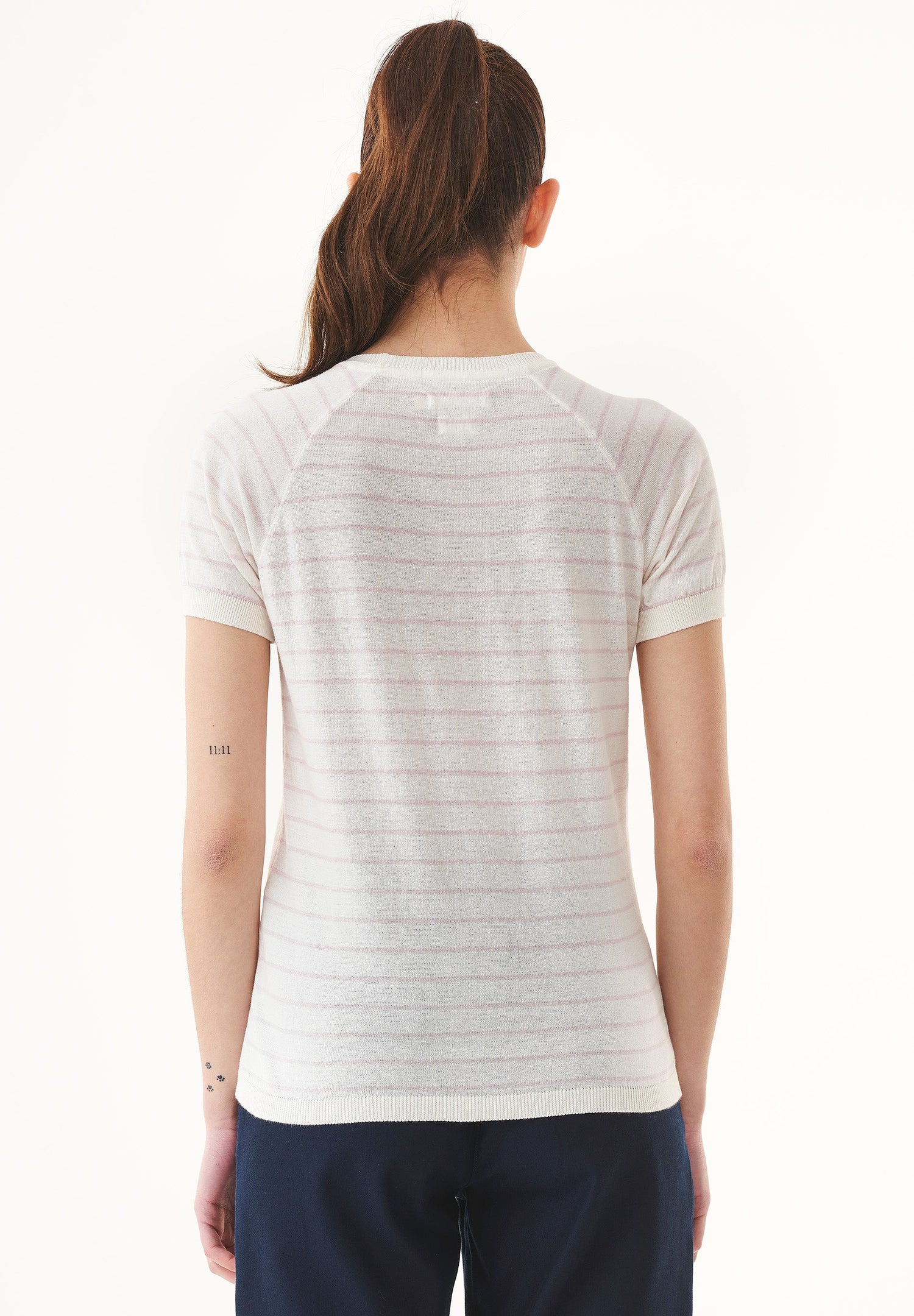 Dames Fine-Knit Gestreept T-shirt Gebroken wit / Soft Pink