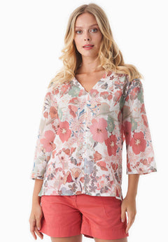Patterned Organic Cotton Voile V-Neck Blouse Flower Garden