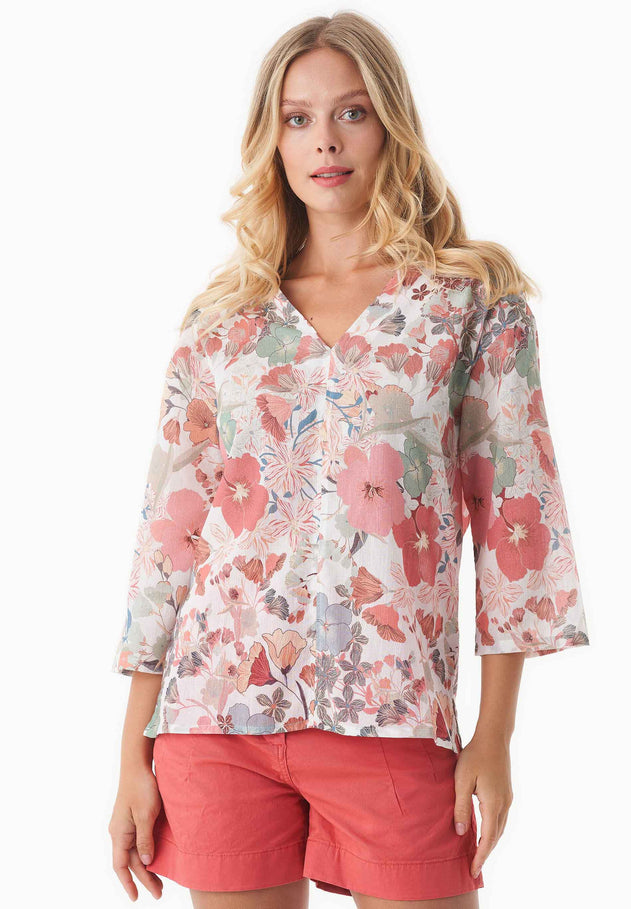 Patterned Organic Cotton Voile V-Neck Blouse Flower Garden