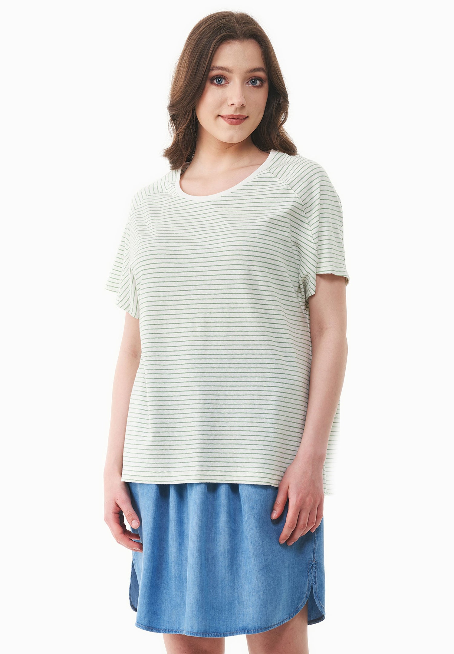 Dun gestreept Linnenmix T-shirt Gebroken wit / Matcha Green