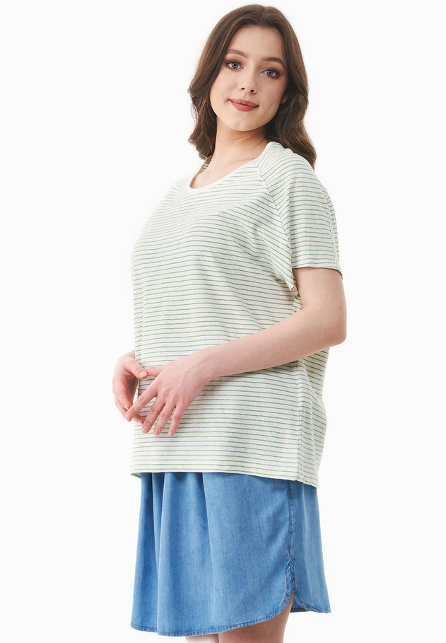 Dun gestreept Linnenmix T-shirt Gebroken wit / Matcha Green