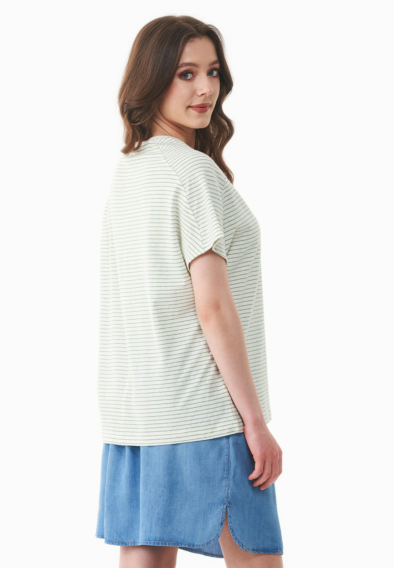 Dun gestreept Linnenmix T-shirt Gebroken wit / Matcha Green