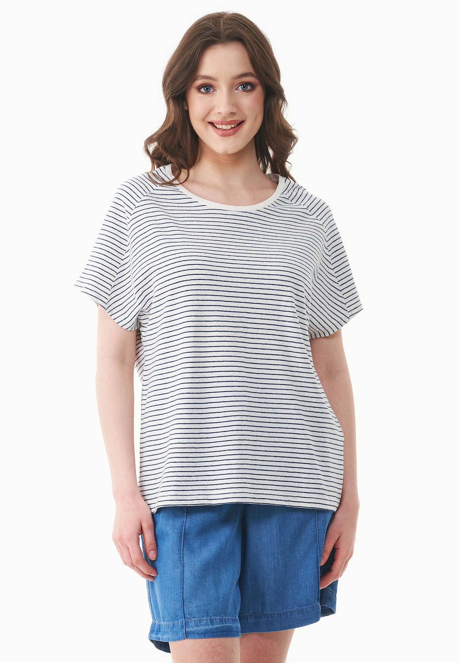 Dun gestreept Linnenmix T-shirt Gebroken wit / Marineblauw