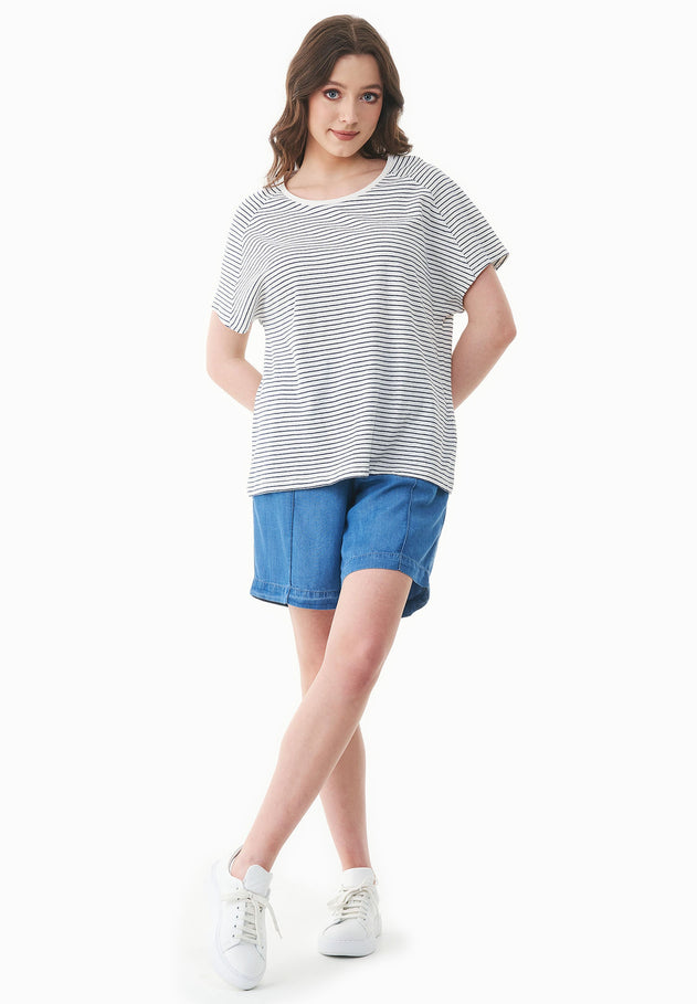 Dun gestreept Linnenmix T-shirt Gebroken wit / Marineblauw