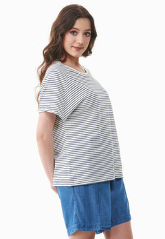 Dun gestreept Linnenmix T-shirt Gebroken wit / Marineblauw