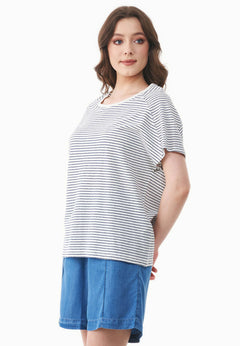 Dun gestreept Linnenmix T-shirt Gebroken wit / Marineblauw