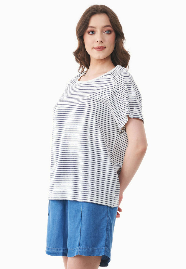 Dun gestreept Linnenmix T-shirt Gebroken wit / Marineblauw