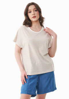 Dun gestreept Linnenmix T-shirt Gebroken wit / Tan