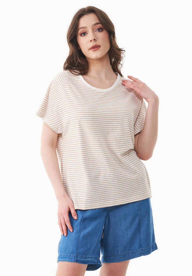 Dun gestreept Linnenmix T-shirt Gebroken wit / Tan
