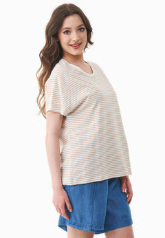 Dun gestreept Linnenmix T-shirt Gebroken wit / Tan