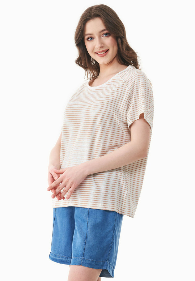 Dun gestreept Linnenmix T-shirt Gebroken wit / Tan