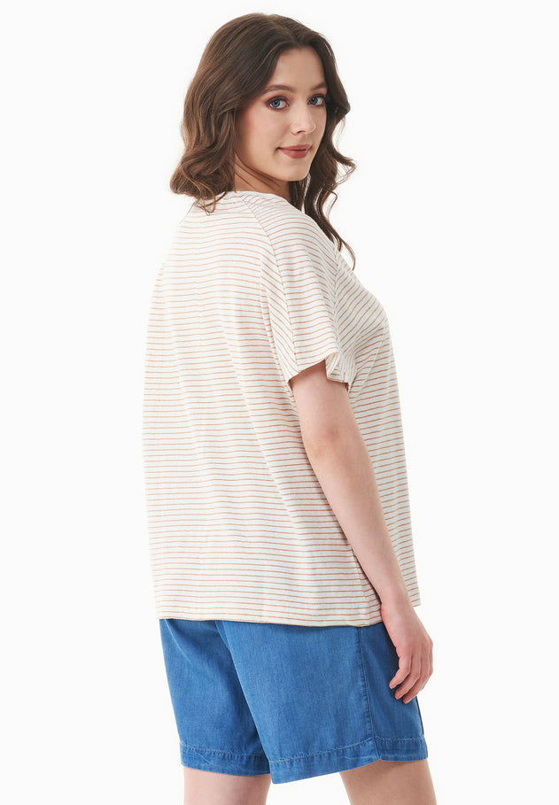 Dun gestreept Linnenmix T-shirt Gebroken wit / Tan