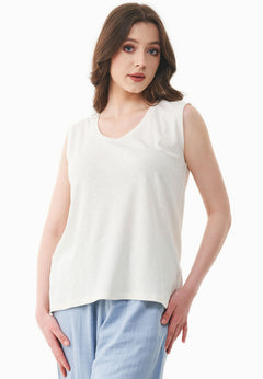 Diepe ronde hals Linnenmix Jersey Top Gebroken wit