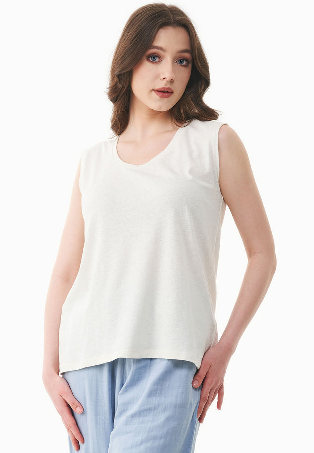 Diepe ronde hals Linnenmix Jersey Top Gebroken wit
