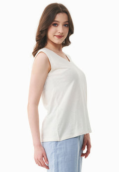 Diepe ronde hals Linnenmix Jersey Top Gebroken wit