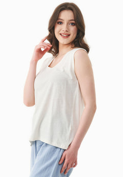 Diepe ronde hals Linnenmix Jersey Top Gebroken wit