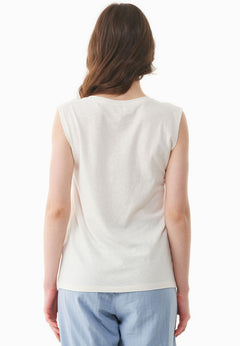 Diepe ronde hals Linnenmix Jersey Top Gebroken wit