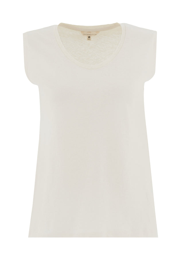 Diepe ronde hals Linnenmix Jersey Top Gebroken wit