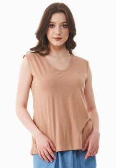 Diepe ronde hals Linnenmix Jersey Top Tan