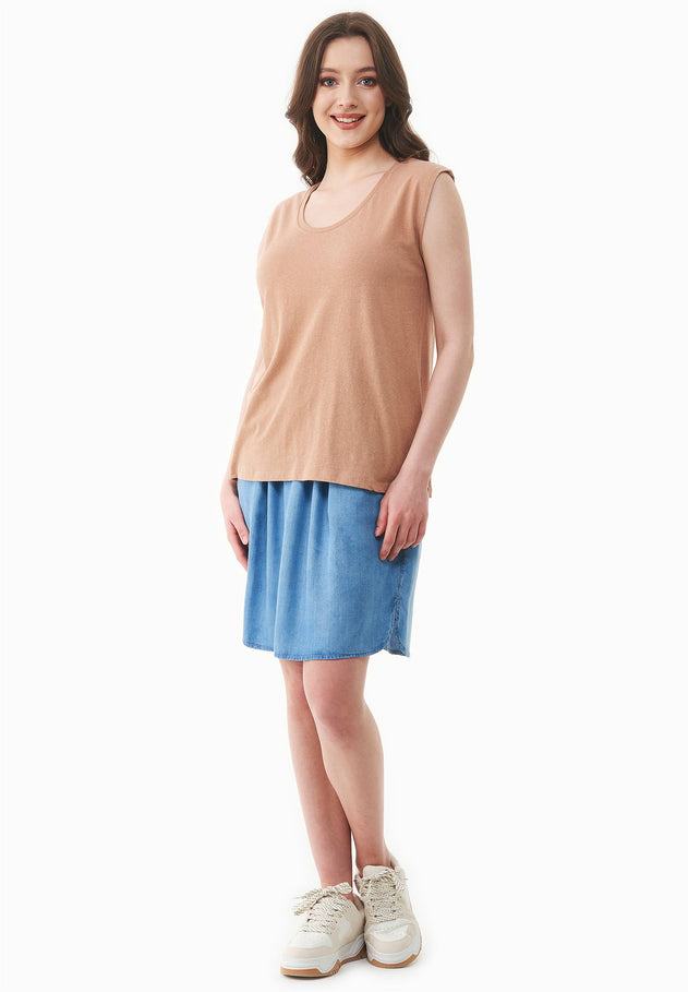 Diepe ronde hals Linnenmix Jersey Top Tan