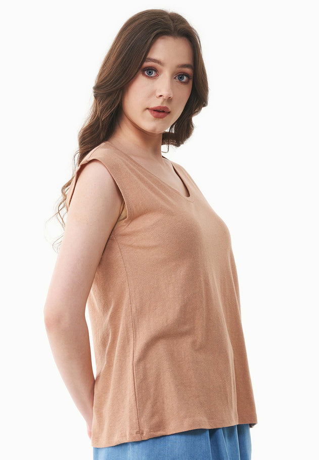 Diepe ronde hals Linnenmix Jersey Top Tan