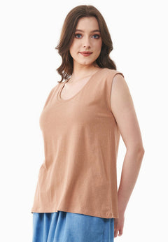 Diepe ronde hals Linnenmix Jersey Top Tan