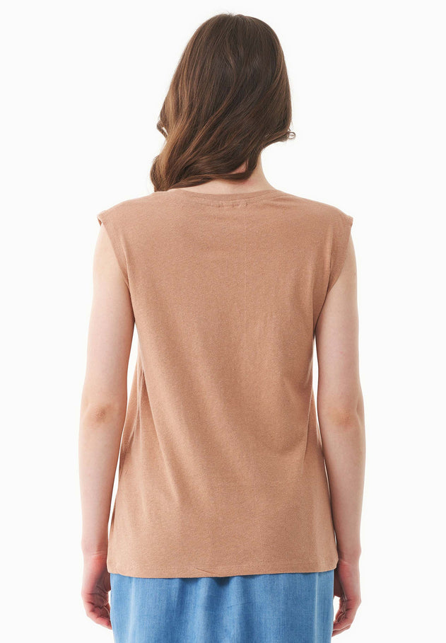 Diepe ronde hals Linnenmix Jersey Top Tan