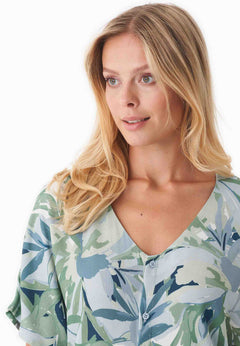 V-Neck Short Sleeved Viscose Blouse Abstract Leaf