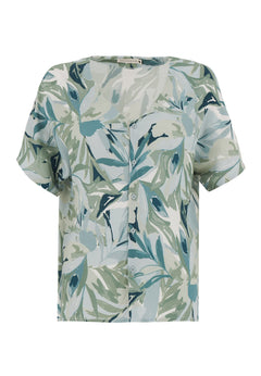V-Neck Short Sleeved Viscose Blouse Abstract Leaf