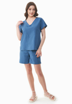 Linen-Lyocell Blend V-Neck Blouse Light Navy