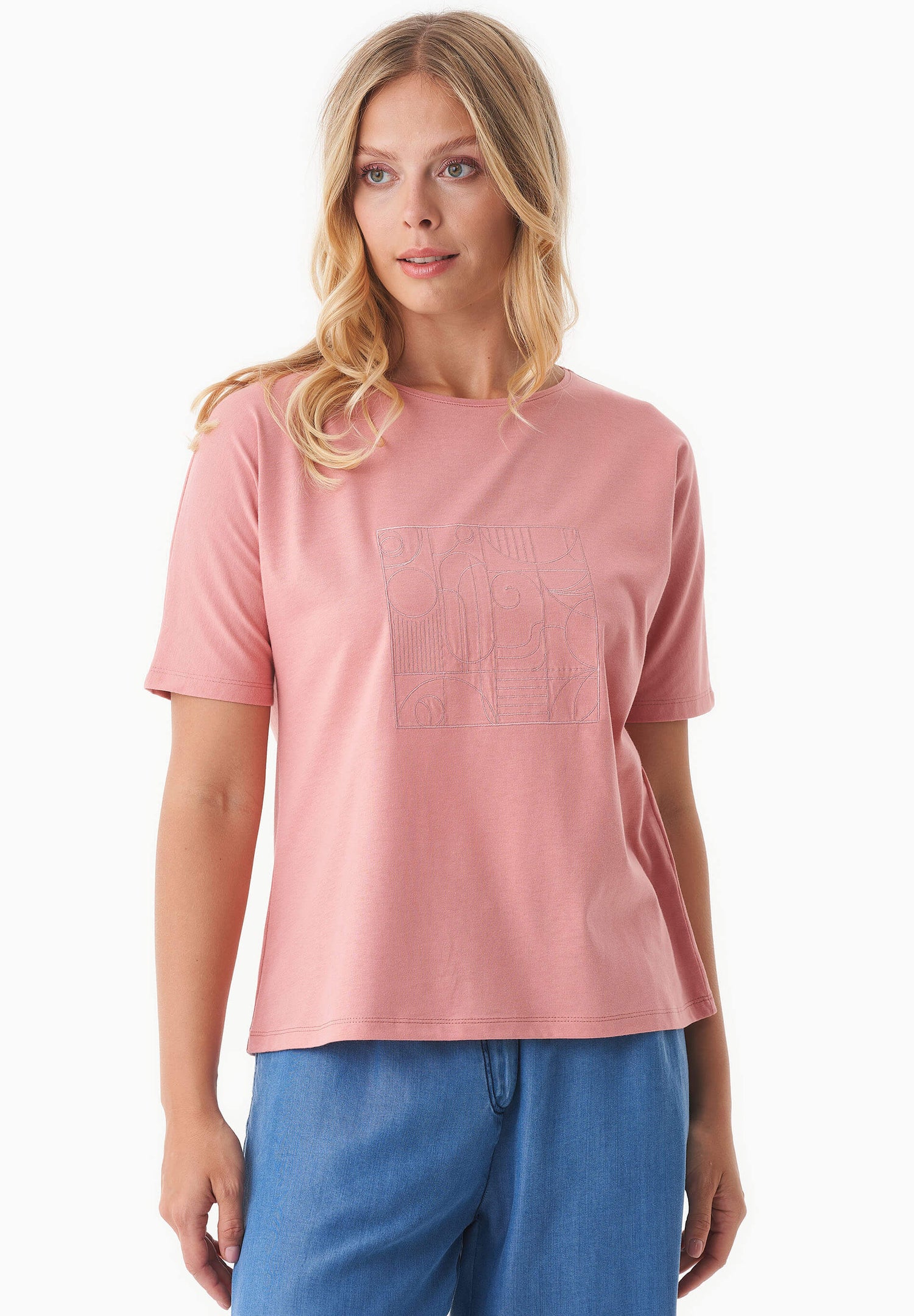 Geborduurd T-shirt Flamingo Pink