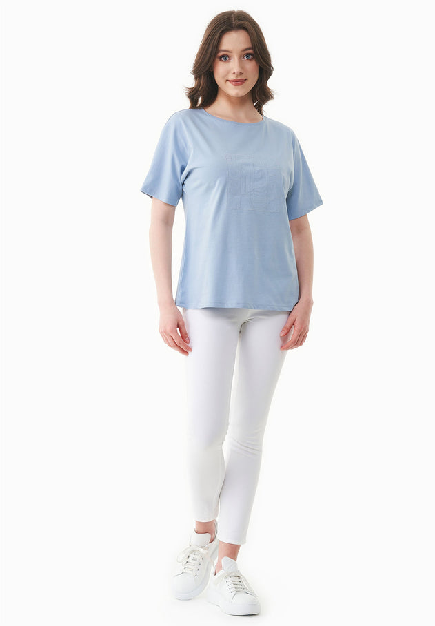 Geborduurd T-shirt Ice Blue