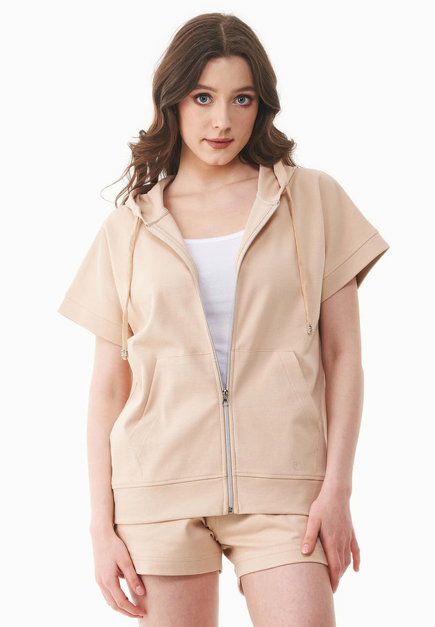 Dames Lichtgewicht Korte mouw Ritshoodie Zacht beige