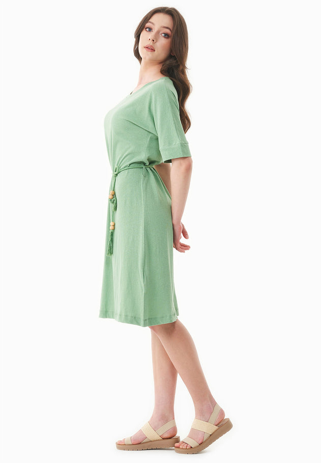 Met ceintuur Jersey Linnenmix Jurk Matcha Green
