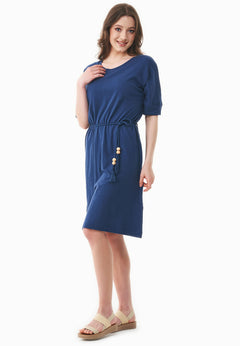 Met ceintuur Jersey Linnenmix Jurk Marineblauw