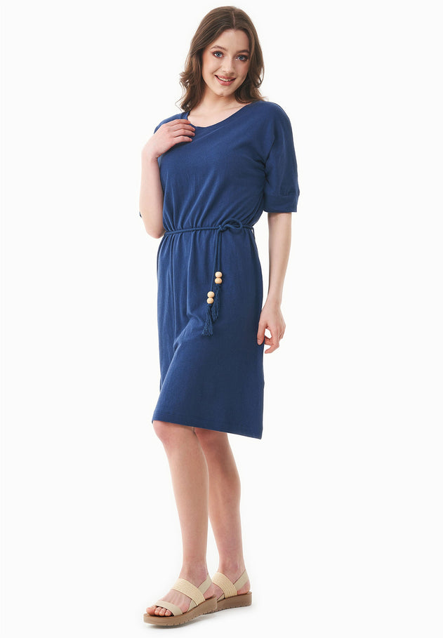 Met ceintuur Jersey Linnenmix Jurk Marineblauw