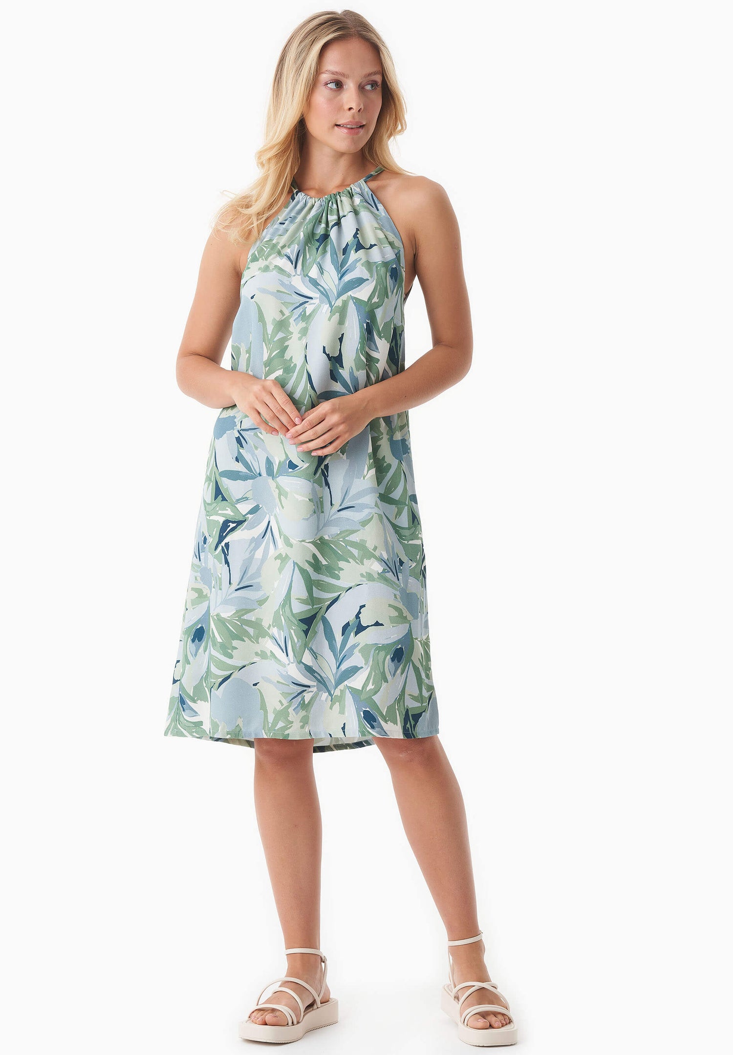 Gedessineerd Viscose Halterhals Abstract Leaf Jurk