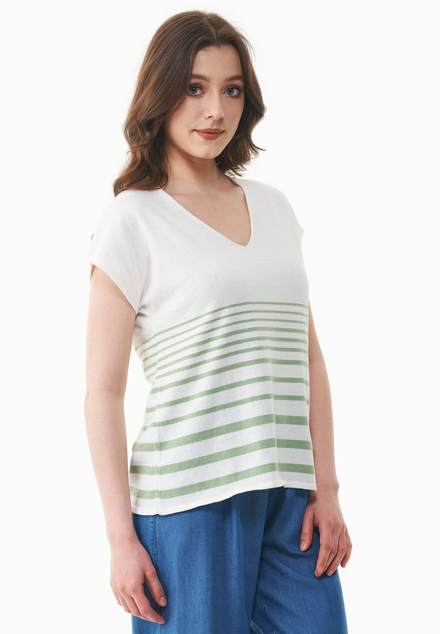 Dames Gestreept Gebreid T-shirt Gebroken wit / Matcha Green