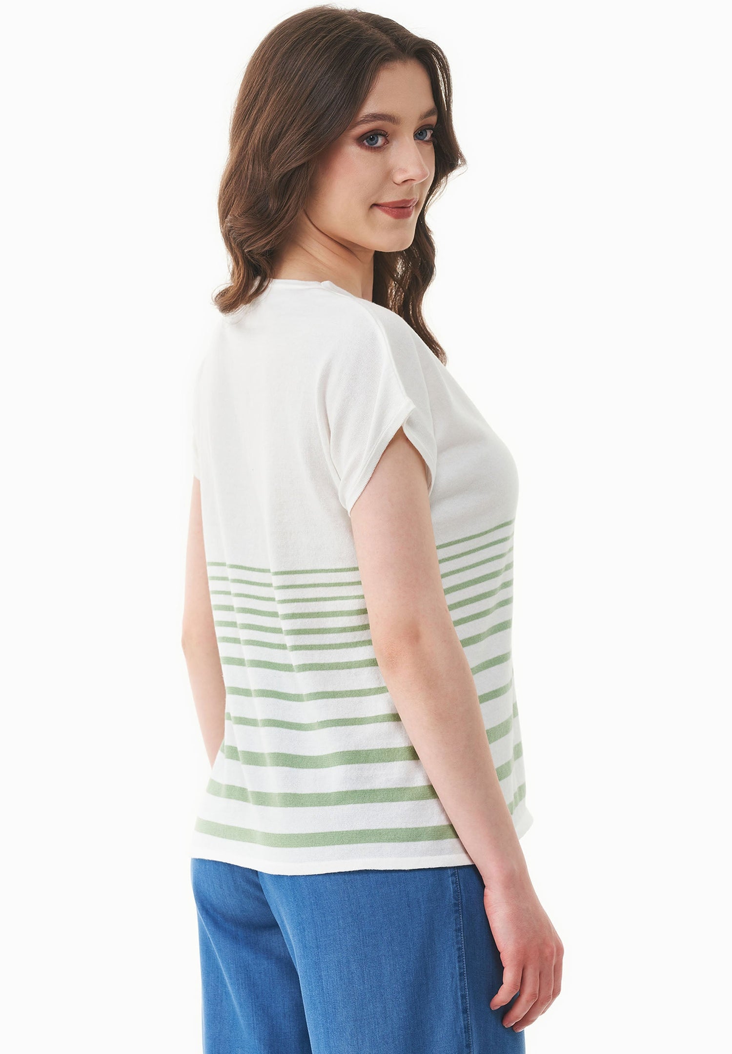 Dames Gestreept Gebreid T-shirt Gebroken wit / Matcha Green