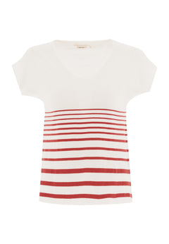 Dames Gestreept Gebreid T-shirt Gebroken wit / Radiant Red