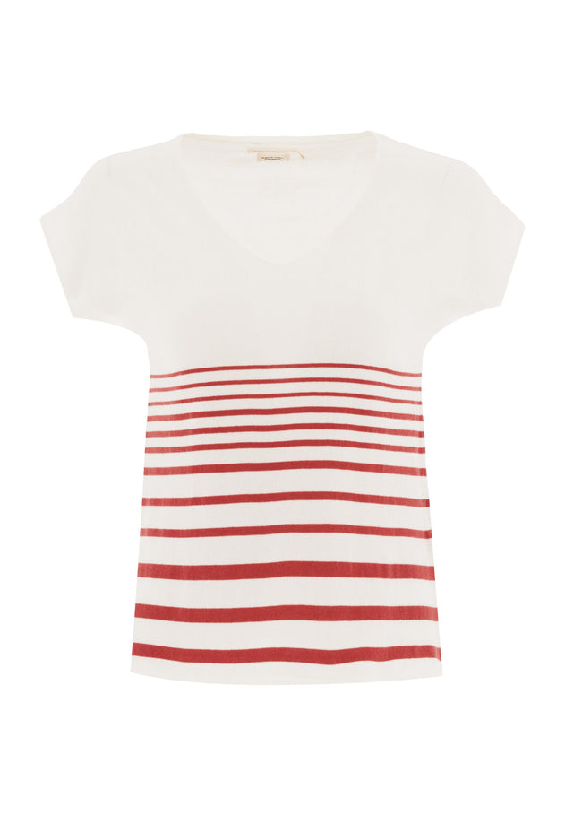 Dames Gestreept Gebreid T-shirt Gebroken wit / Radiant Red