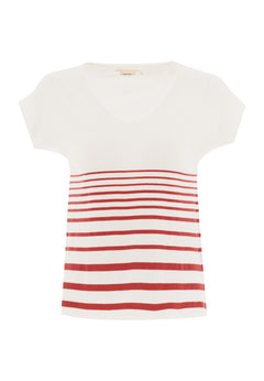 Women's Striped Knit T-Shirt Off White/Radiant Red